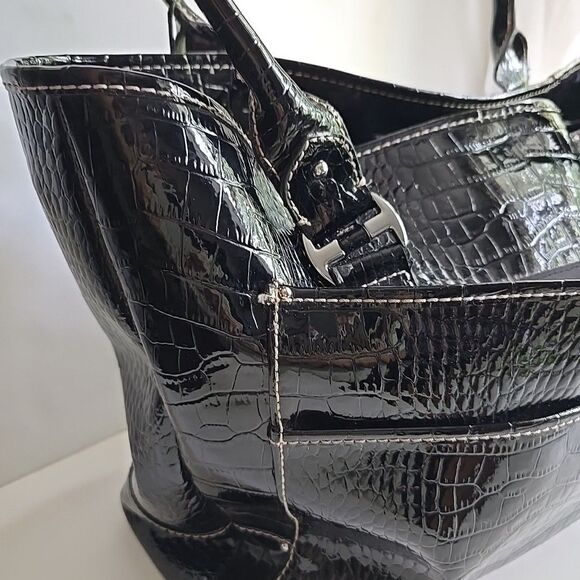 LIZ CLAIBORNE Embossed Faux Crocodile Black Purse Tote Shoulder Bag 14x10x5 EUC - Picture 3 of 15